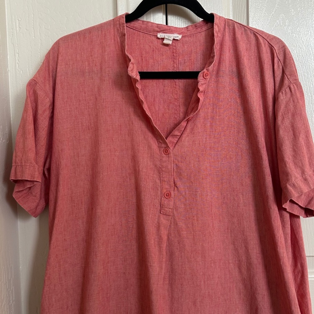 EILEEN FISHER Delave Organic Linen Mandarin Collar Button Shirt Dress Coral M - Picture 3 of 9